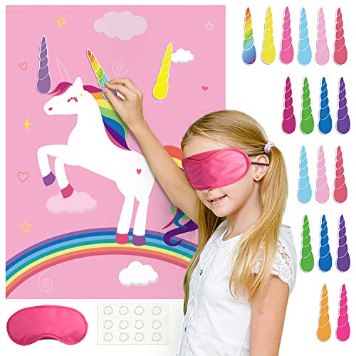 FEPITO Birthday Party Game for Kids Pin The Horn on Unicorn-Game Poster with 24 Horn Stickers Pin The Tail Game for Girl Unicorn-Birthday Rainbow Party Favors Supplies Wall Home Room Decorations - Image 1