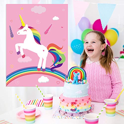 FEPITO Birthday Party Game for Kids Pin The Horn on Unicorn-Game Poster with 24 Horn Stickers Pin The Tail Game for Girl Unicorn-Birthday Rainbow Party Favors Supplies Wall Home Room Decorations - Image 4