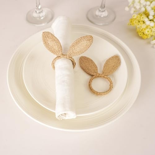 Utalek Easter Napkin Rings Set of 6, Burlap Jute Bunny Ear Napkin Rings, Rabbit Ear Napkin Ring Holders for Easter Party Banquet Dinning Spring Table Decoration - Image 2