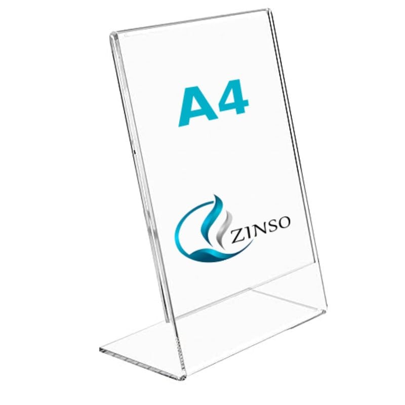 ZINSO A4 L-Shaped Acrylic Sign Holder Portrait Style Menu Ad Frame Display Stand Table Top Perfect for Restaurants, Promotions, Photo Frames, Classroom (3PC) - Image 1