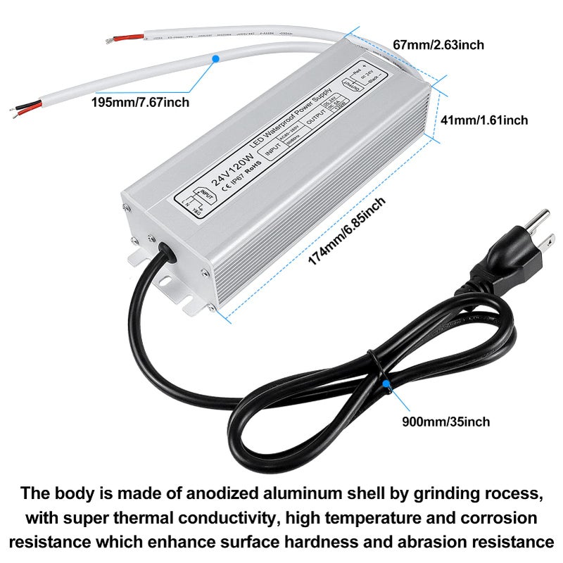 inShareplus LED Power Supply, 24V 120W IP67 Waterproof Outdoor Driver, AC 90-265V to DC 24V 5A Low Voltage Transformer, Adapter with 3-Prong Plug for LED Light, Computer Project, Outdoor Use - Image 4