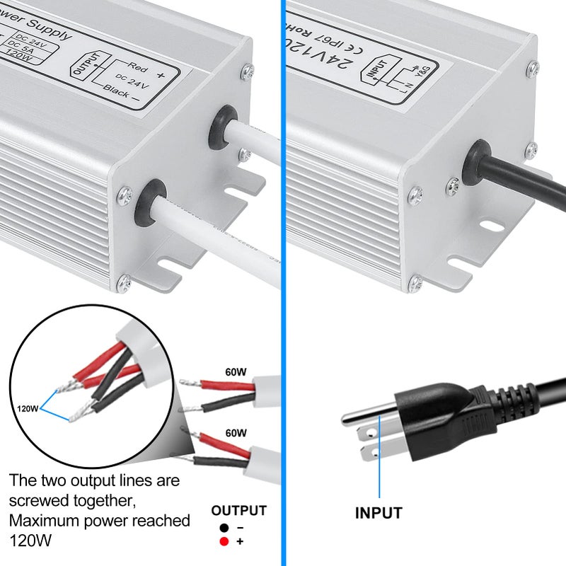 inShareplus LED Power Supply, 24V 120W IP67 Waterproof Outdoor Driver, AC 90-265V to DC 24V 5A Low Voltage Transformer, Adapter with 3-Prong Plug for LED Light, Computer Project, Outdoor Use - Image 5