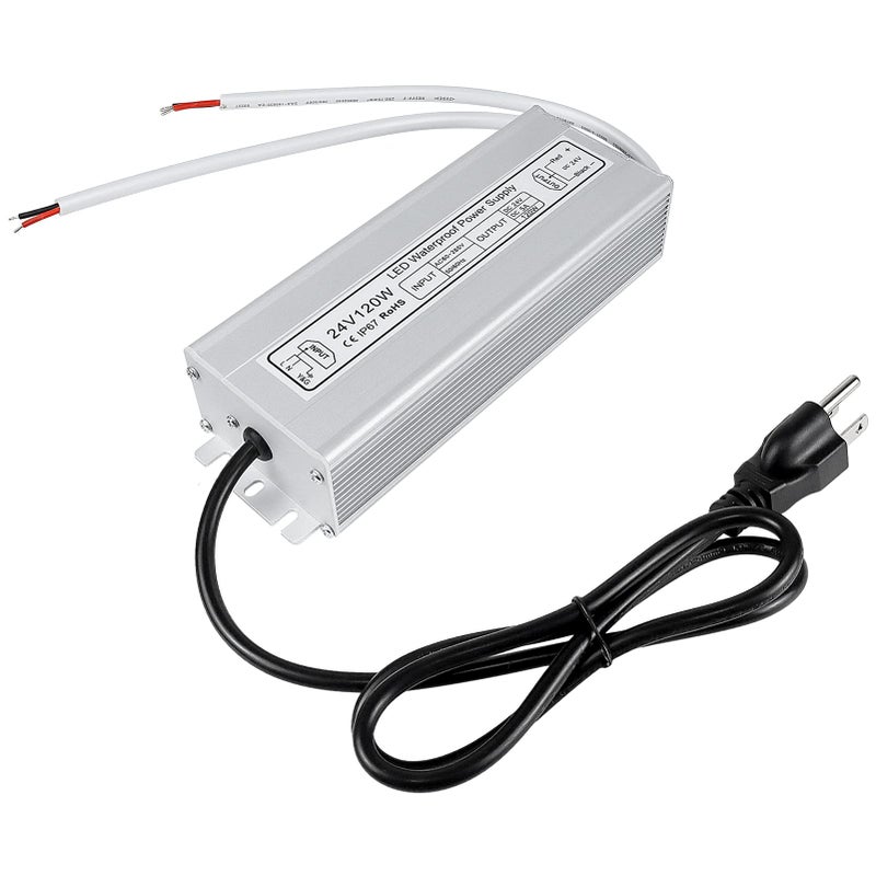 inShareplus LED Power Supply, 24V 120W IP67 Waterproof Outdoor Driver, AC 90-265V to DC 24V 5A Low Voltage Transformer, Adapter with 3-Prong Plug for LED Light, Computer Project, Outdoor Use - Image 1