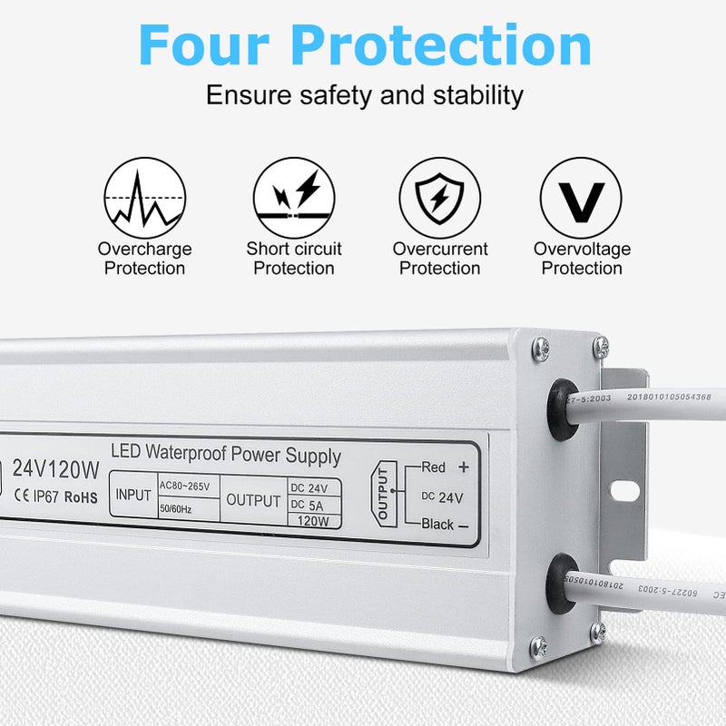 inShareplus LED Power Supply, 24V 120W IP67 Waterproof Outdoor Driver, AC 90-265V to DC 24V 5A Low Voltage Transformer, Adapter with 3-Prong Plug for LED Light, Computer Project, Outdoor Use - Image 3