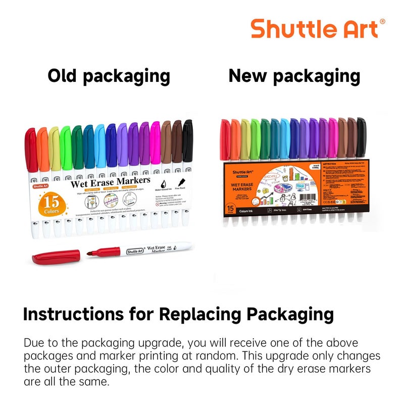 Shuttle Art Wet Erase Markers, 15 Colors 1mm Fine Tip Smudge-Free Markers, Use on Laminated Calendars,Overhead Projectors,Schedules,Whiteboards,Transparencies,Glass,Wipe with Water - Image 2