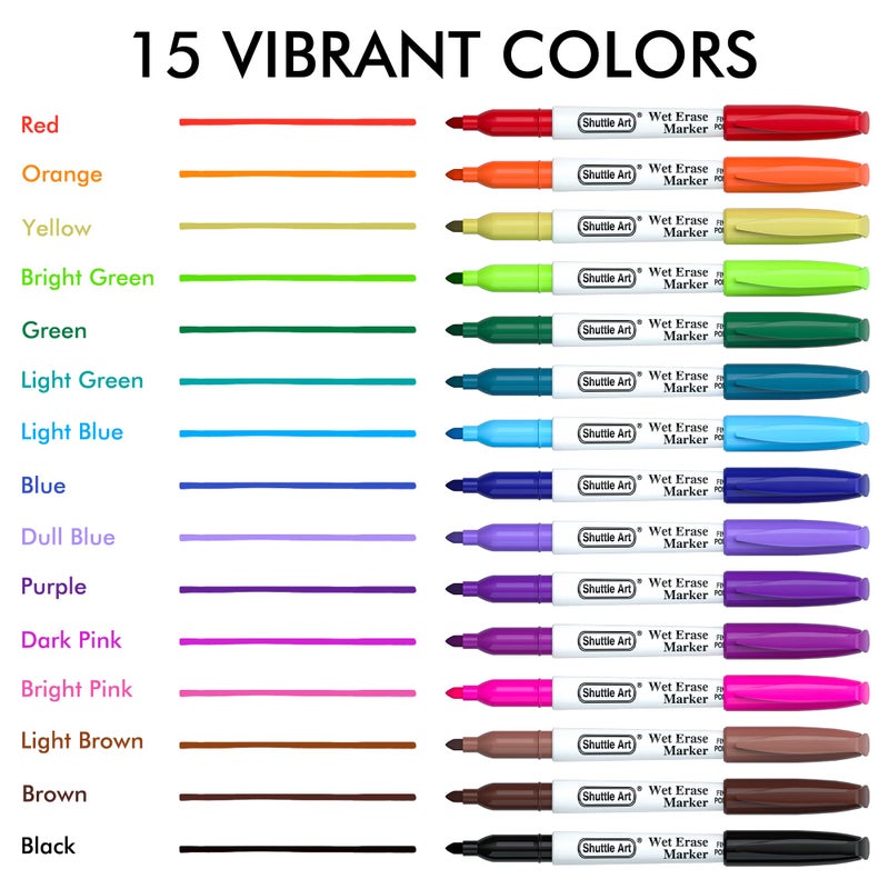 Shuttle Art Wet Erase Markers, 15 Colors 1mm Fine Tip Smudge-Free Markers, Use on Laminated Calendars,Overhead Projectors,Schedules,Whiteboards,Transparencies,Glass,Wipe with Water - Image 3
