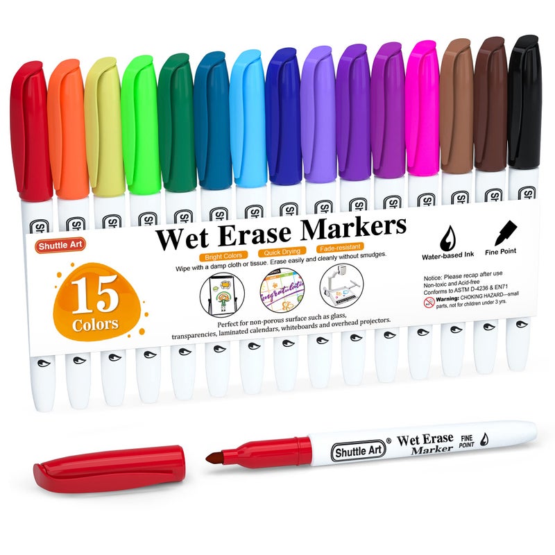 Shuttle Art Wet Erase Markers, 15 Colors 1mm Fine Tip Smudge-Free Markers, Use on Laminated Calendars,Overhead Projectors,Schedules,Whiteboards,Transparencies,Glass,Wipe with Water - Image 1