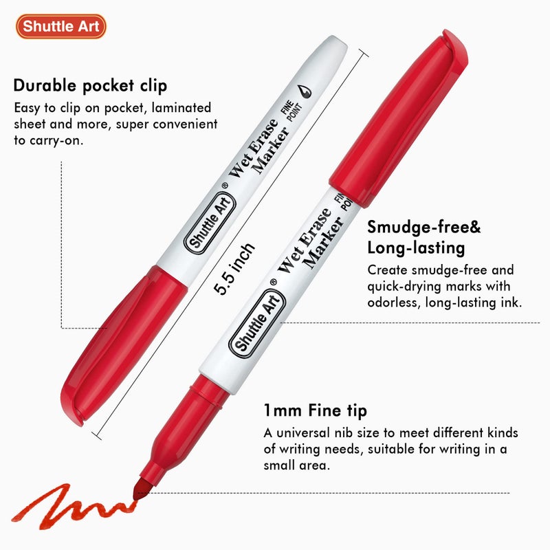 Shuttle Art Wet Erase Markers, 15 Colors 1mm Fine Tip Smudge-Free Markers, Use on Laminated Calendars,Overhead Projectors,Schedules,Whiteboards,Transparencies,Glass,Wipe with Water - Image 4