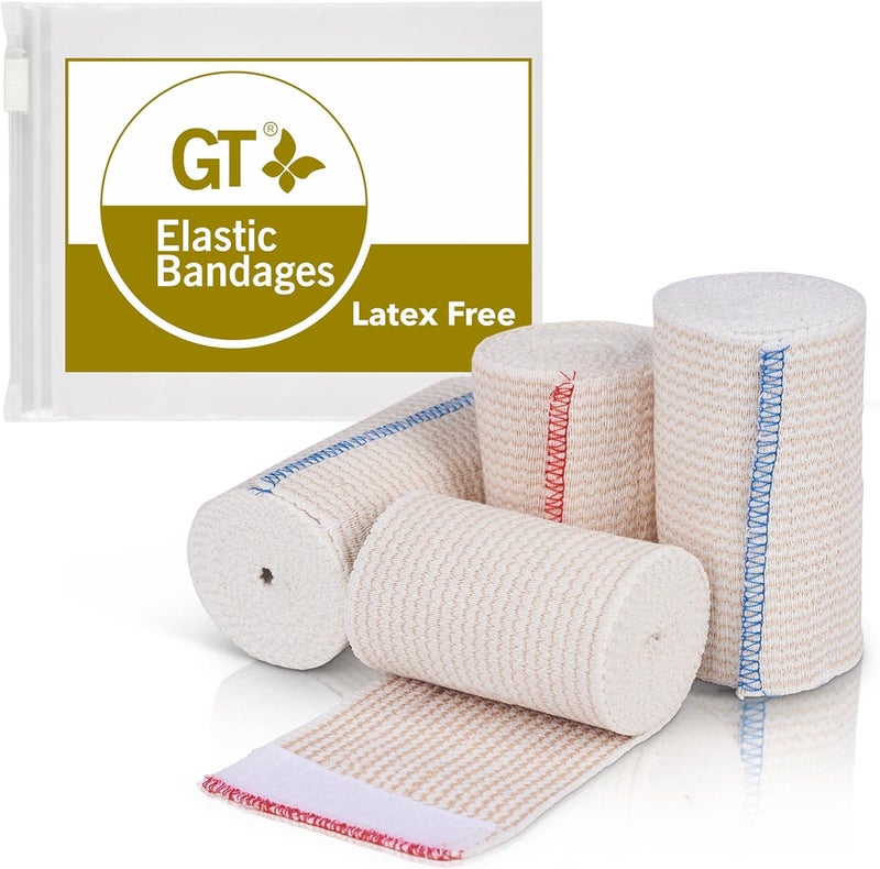 GT Premium Elastic Bandage Wraps (4" 2Pack & 3" 2Pack) -Made of Grown Organic Cotton - Hook & Loop Fasteners at Both Ends - GT Latex Free Hypoallergenic Compression Roll for Sprains & Injuries