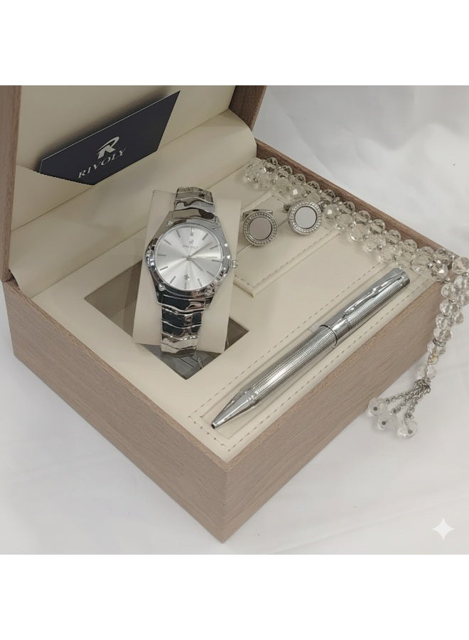 ريفولي طقم ساعة رجالي فاخر من الستانلس ستيل للهدايا مع قلم وأزرار أكمام وسبحة أنيقة - Image 2
