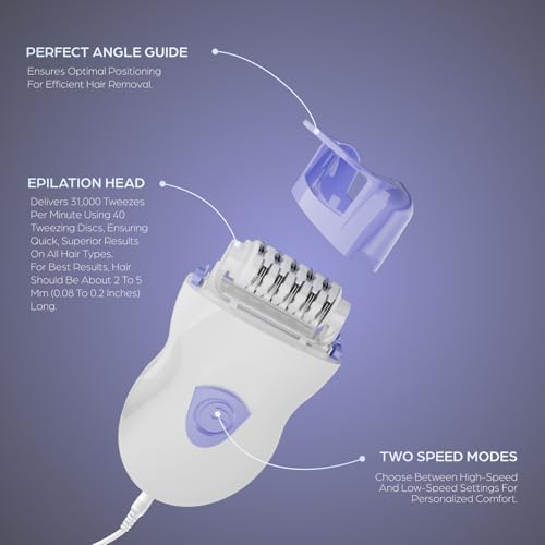 Epilady Speed Corded Epilator for Women, Compact Hair-Removal Device for Legs, Underarms, and Bikini Area, 2 Setting Options, Includes Angled-Trimming Guide, Cord, and Cleaning Brush, White/Purple - Image 3