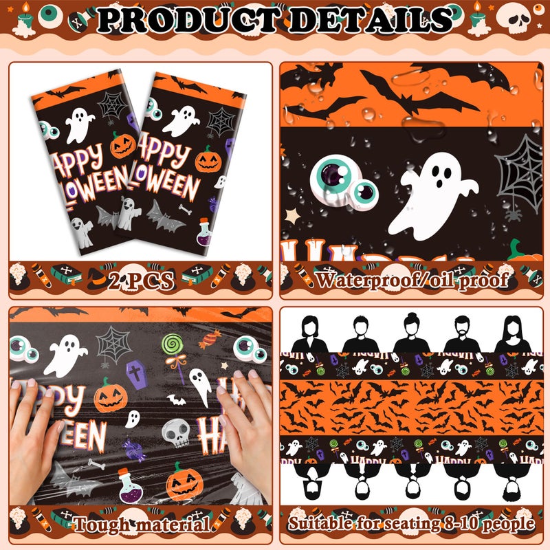 OHOME Halloween Decorations - 2 Pack Plastic Tablecloth for Halloween Party Decorations | Skeletons Bats Ghosts Pumpkin Table Decor for Outdoor Indoor Party Favors Supplies Backdrop Banner - Image 3