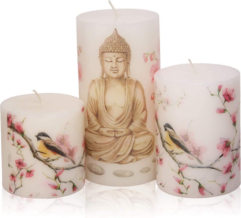 AURA DECOR Auradecor Set of 3 Pillar Spa Candles with Buddha Decopauge, Best for Gifting Purposes for Your Special Ones, Size 3 * 3 Inch, 3 * 4 Inch 3 * 6 Inch, Meditation Candles, - Image 3