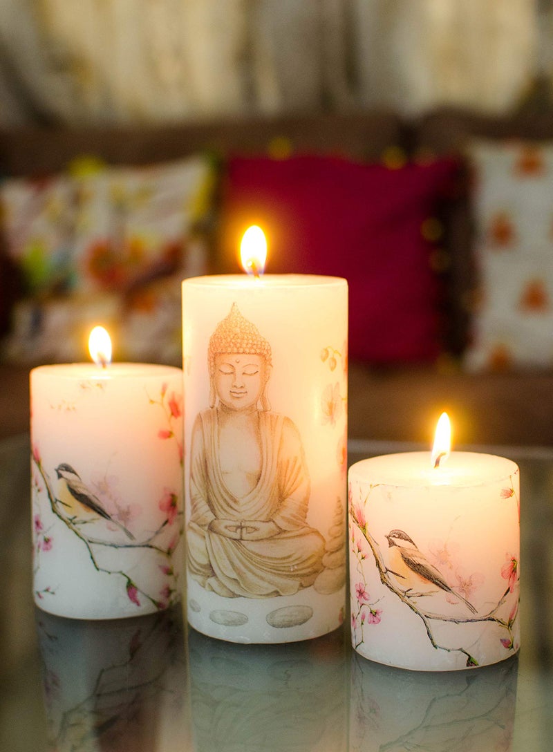AURA DECOR Auradecor Set of 3 Pillar Spa Candles with Buddha Decopauge, Best for Gifting Purposes for Your Special Ones, Size 3 * 3 Inch, 3 * 4 Inch 3 * 6 Inch, Meditation Candles, - Image 1