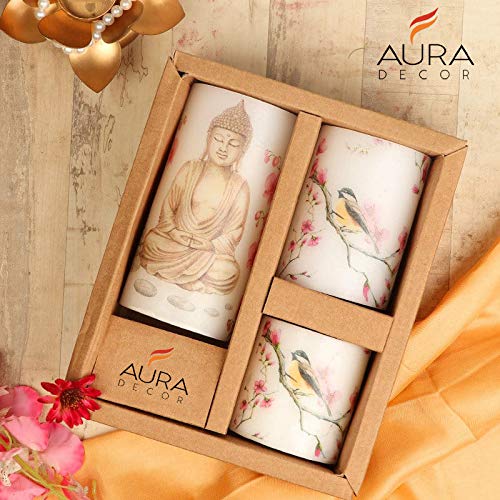 AURA DECOR Auradecor Set of 3 Pillar Spa Candles with Buddha Decopauge, Best for Gifting Purposes for Your Special Ones, Size 3 * 3 Inch, 3 * 4 Inch 3 * 6 Inch, Meditation Candles, - Image 2