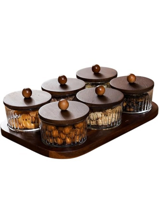 صندوق تخزين زجاجي دائري لتنظيم الوجبات الخفيفة وصحن فواكه مع أغطيةTray من خشب الأكاسيا، صينية تقديم مقسمة للمكسرات والحلوى والفواكه المجففة (6 ج jars) - Image 1