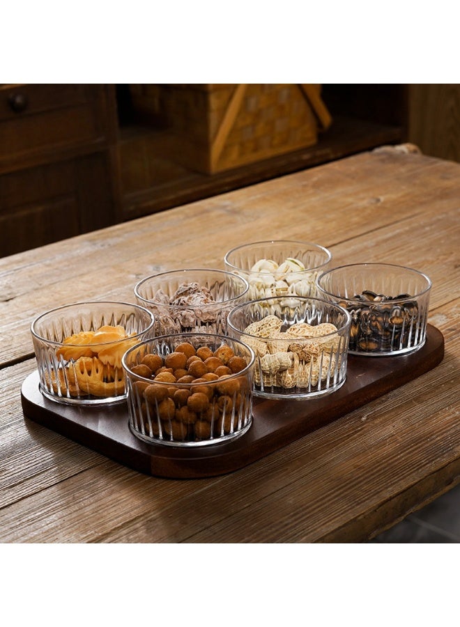 صندوق تخزين زجاجي دائري لتنظيم الوجبات الخفيفة وصحن فواكه مع أغطيةTray من خشب الأكاسيا، صينية تقديم مقسمة للمكسرات والحلوى والفواكه المجففة (6 ج jars) - Image 5