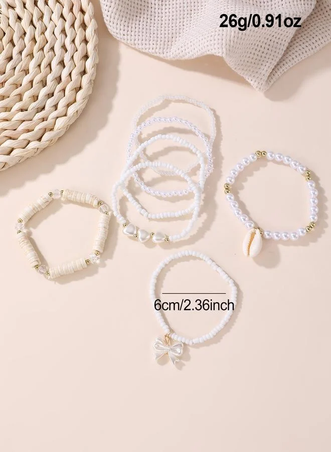 Take Two  Pack of 7 - Girls White Pearl and Seashell Beaded Bracelets for Women | Best Price UAE