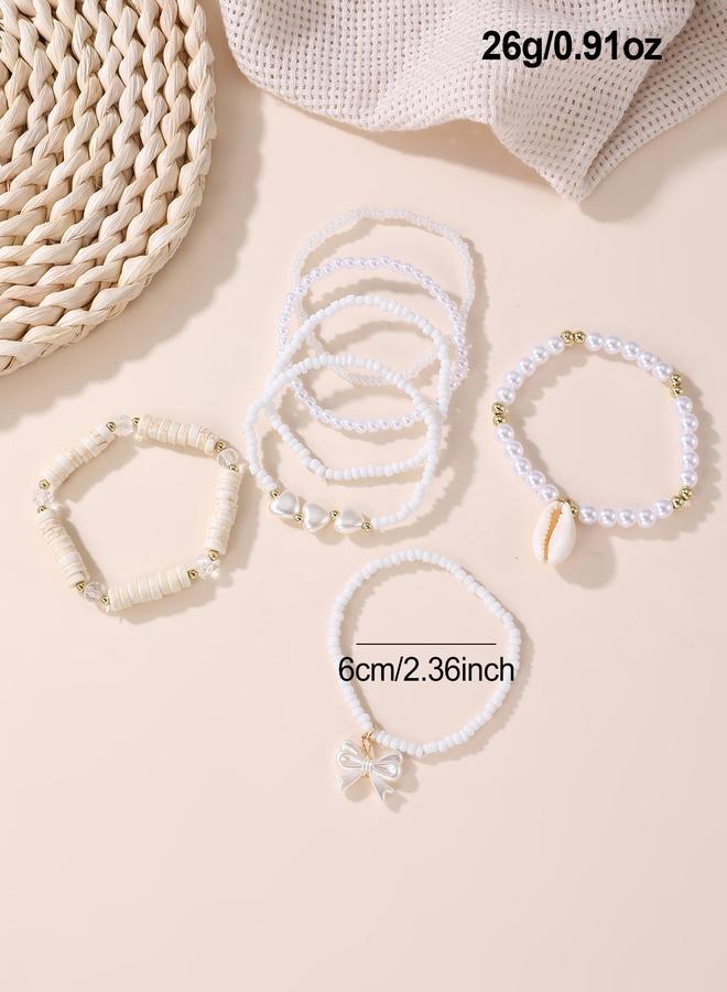 Take Two Pack of 7 - Girls White Pearl and Seashell Beaded Bracelets - Image 4