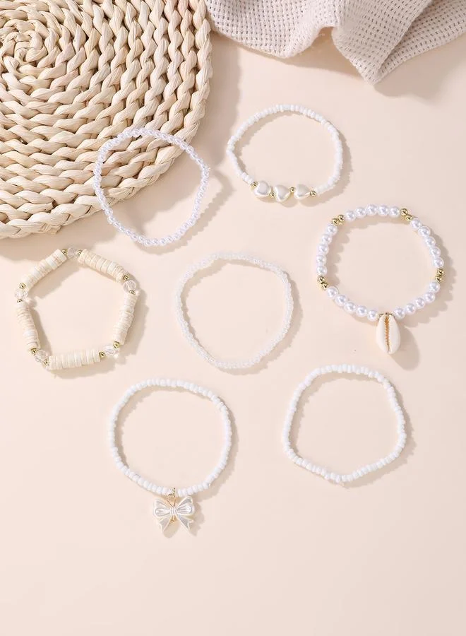 Take Two  Pack of 7 - Girls White Pearl and Seashell Beaded Bracelets for Women | Best Price UAE