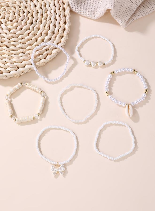 Take Two Pack of 7 - Girls White Pearl and Seashell Beaded Bracelets - Image 3