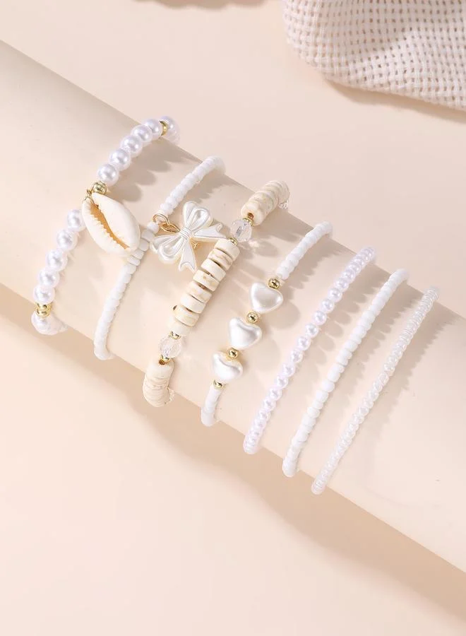 Pack of 7 - Girls White Pearl and Seashell Beaded Bracelets
