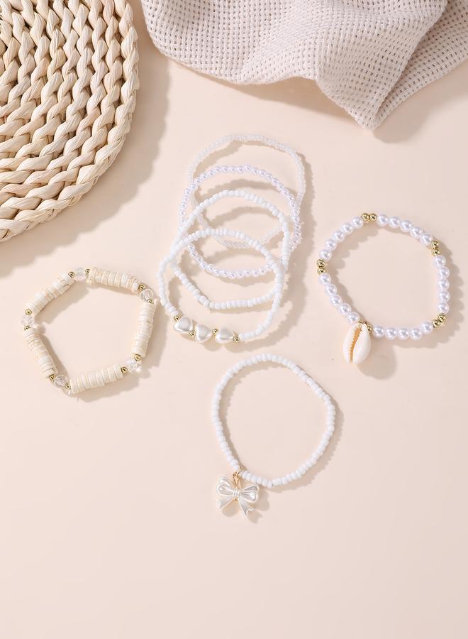 Take Two Pack of 7 - Girls White Pearl and Seashell Beaded Bracelets - Image 2