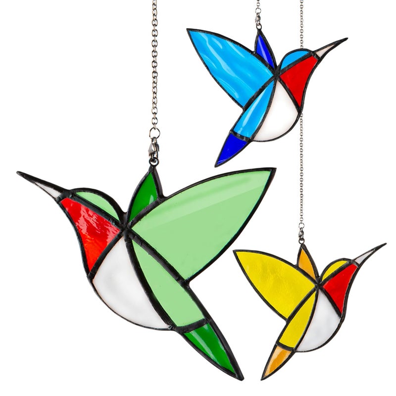 Stained Glass Hummingbird Window Hanging Handcrafted Tiffany Style Sun Catcher Little Bird for Garden 3 Colors in one Box Tricolor Suit