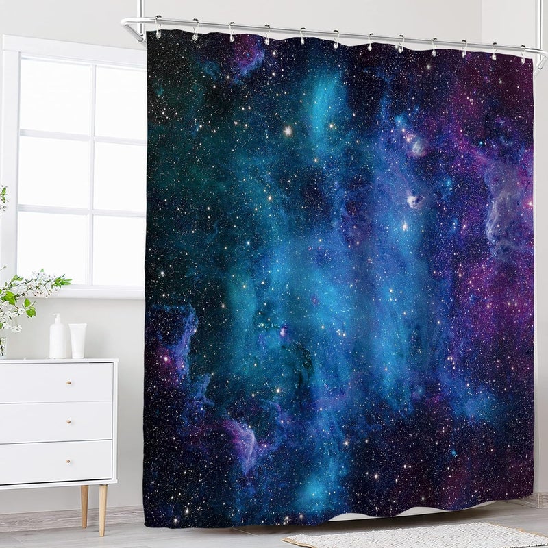 Riyidecor Outer Space Galaxy Shower Curtain for Bathroom Decor 60Wx72H Starry Boys Kids Trippy Nebula Universe Planet Magical Fantasy Cool Art Printed Fabric Polyester Waterproof 12 Pack Plastic Hooks - Image 2