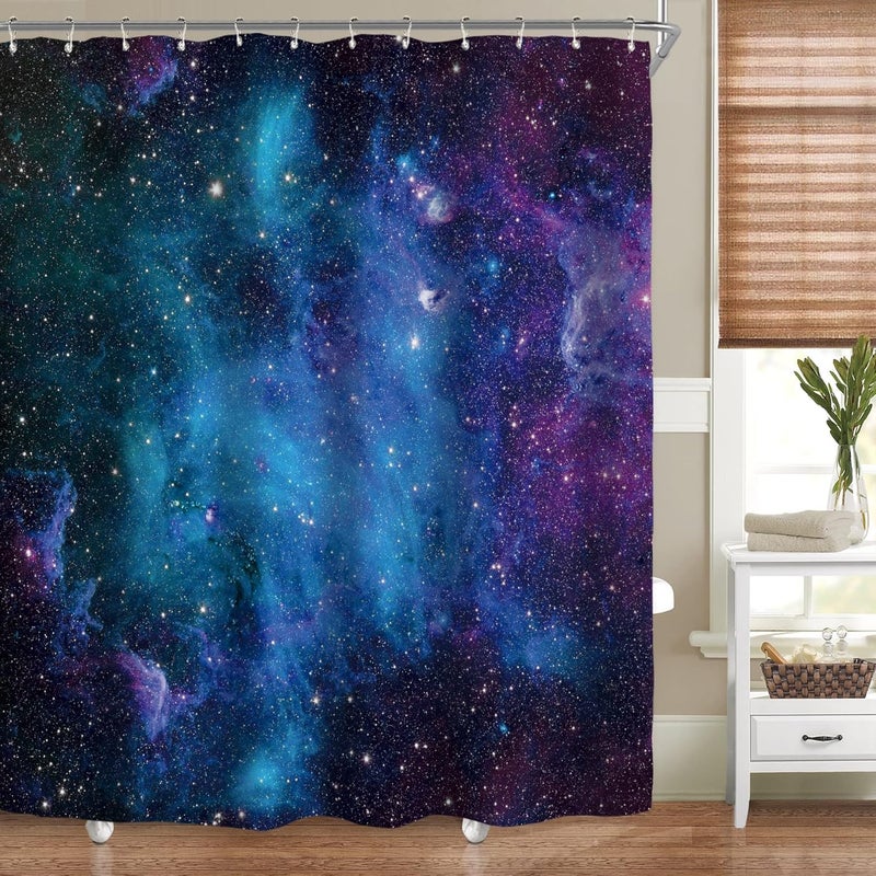 Riyidecor Outer Space Galaxy Shower Curtain for Bathroom Decor 60Wx72H Starry Boys Kids Trippy Nebula Universe Planet Magical Fantasy Cool Art Printed Fabric Polyester Waterproof 12 Pack Plastic Hooks - Image 1