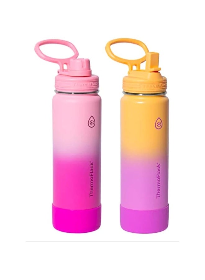 ثيرمو فلاسك زجاجات مياه من الفولاذ المقاوم للصدأ معزولة بتفريغ الهواء بجدار مزدوج، سعة 710 مل، لون وردي وأصفر، طقم من قطعتين - Image 1
