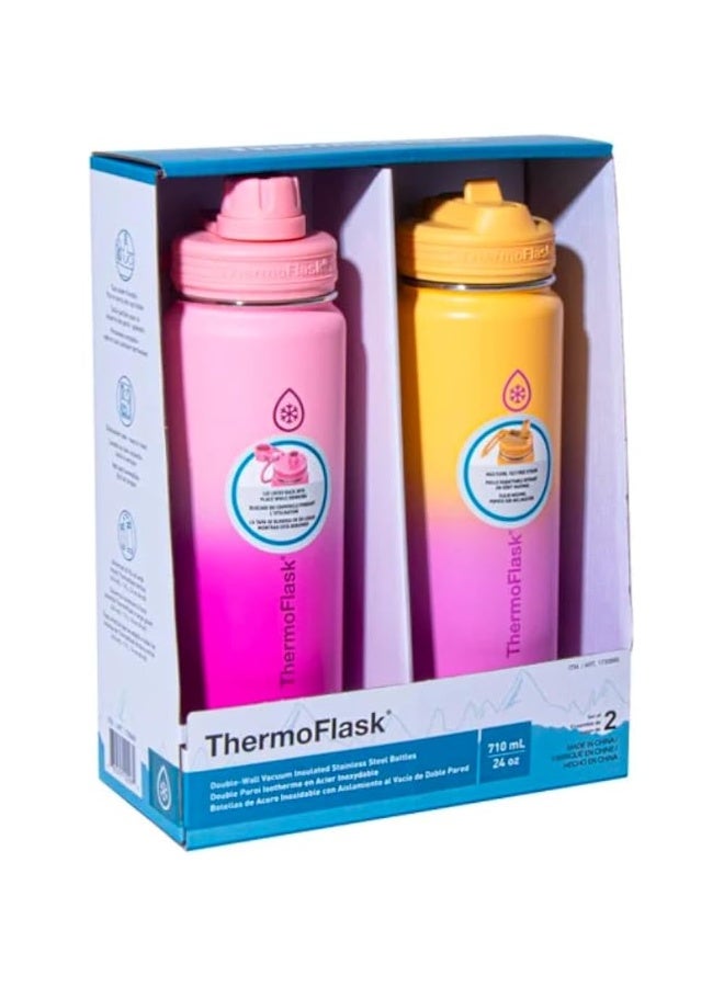 ثيرمو فلاسك زجاجات مياه من الفولاذ المقاوم للصدأ معزولة بتفريغ الهواء بجدار مزدوج، سعة 710 مل، لون وردي وأصفر، طقم من قطعتين - Image 4