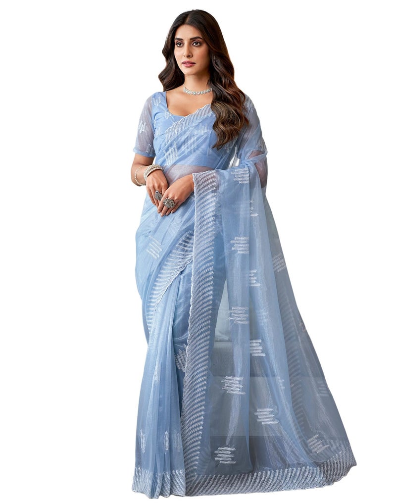 SIRIL Women's Organza Embroidery Saree With Unstitched Blouse Piece (3734S355_Light Blue) - Image 1