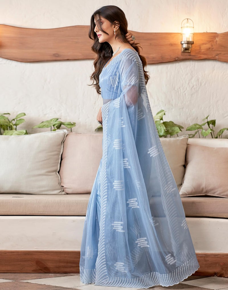 SIRIL Women's Organza Embroidery Saree With Unstitched Blouse Piece (3734S355_Light Blue) - Image 2