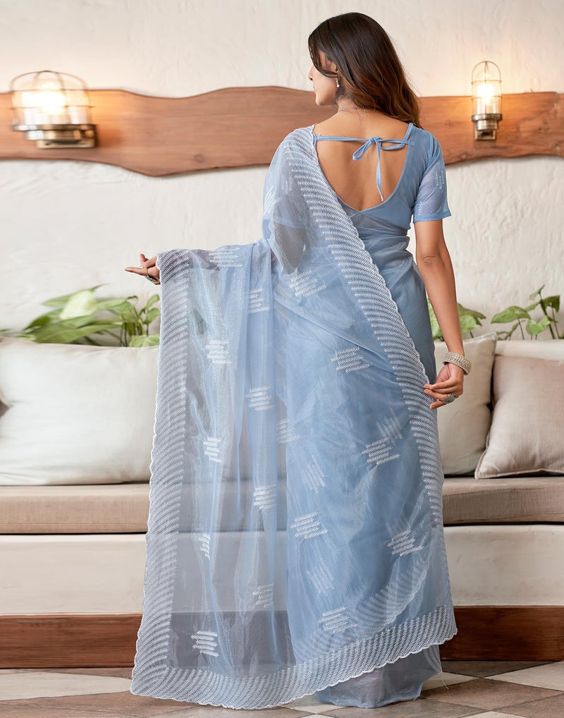 SIRIL Women's Organza Embroidery Saree With Unstitched Blouse Piece (3734S355_Light Blue) - Image 4