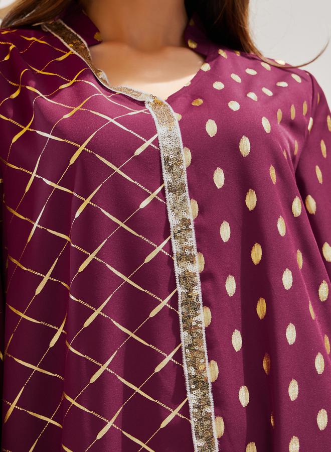 Styli Foil Printed Collared Jalabiya with Lace Detail  - Image 3