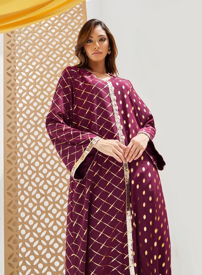 Styli Foil Printed Collared Jalabiya with Lace Detail  - Image 2