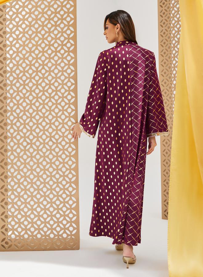 Styli Foil Printed Collared Jalabiya with Lace Detail  - Image 4