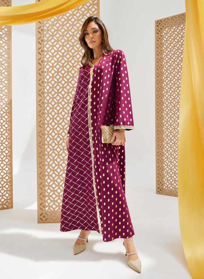 Styli Foil Printed Collared Jalabiya with Lace Detail  - Image 1