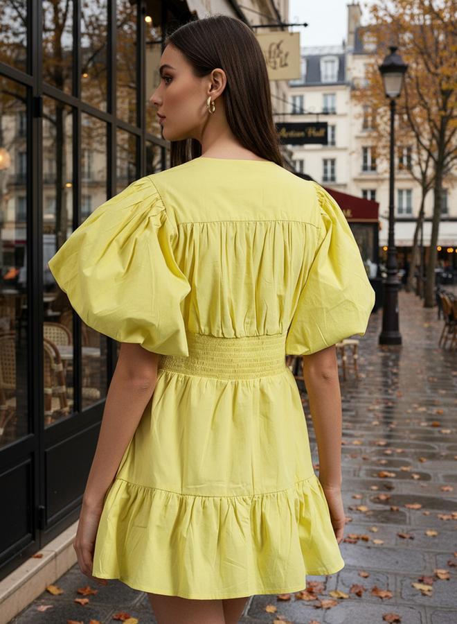Freehand Yellow Puff Sleeves A-Line Mini Dress - Image 4