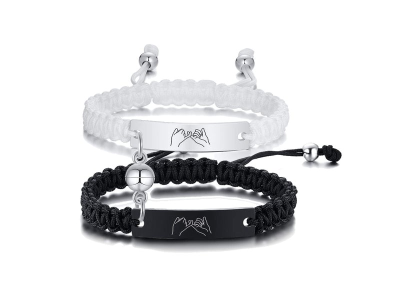 MEALGUET Pinky Promise Couple Bracelet : Handmade Braided Rope Macrame ID Bracelet for Lover Personalized Engraved His and Hers Bracelet for Men Women,Husband/Wife - Image 1