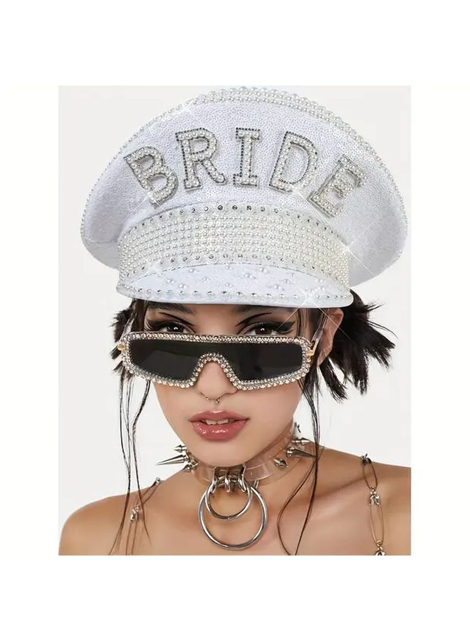 White Bride Embellished Captain Hat Luxury Pearl Sequin Detail Wedding Hen Do Party - Image 5