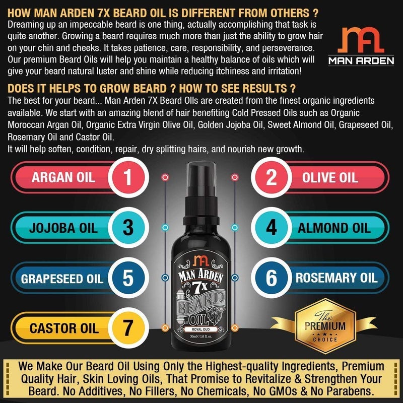 Man Arden 7X Beard Oil (Royal Oud), 7 Premium Oils For Beard Growth & Nourishment - 30ml - Image 2