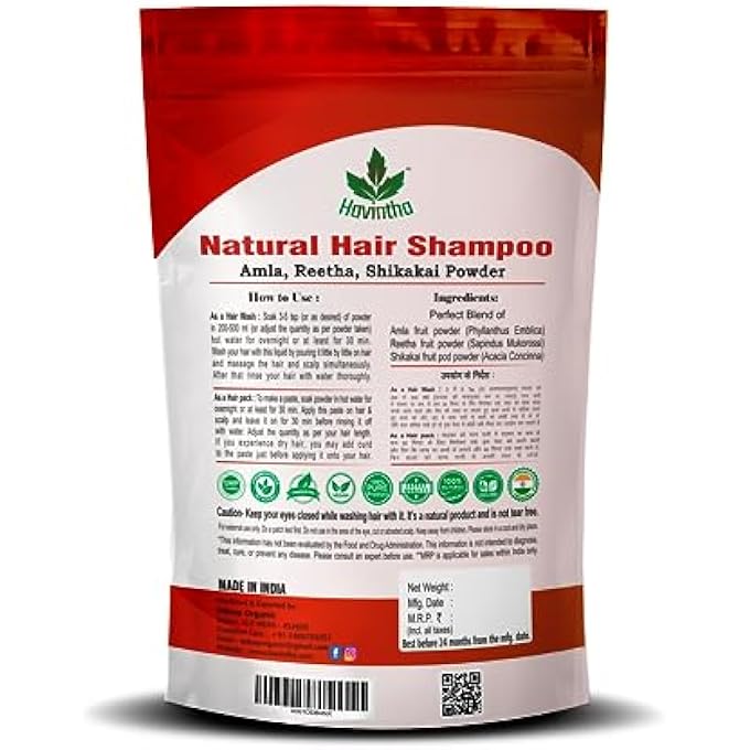 Havintha NATURAL HAIR SHAMPOO FOR HAIR 8 OZ, AMLA REETHA SHIKAKAI POWDER (PHYLLANTHUS EMBLICA,SAPINDUS MUKOROSSI,ACACIA CONCINNA),PRODUCT OF , 227G - Image 3