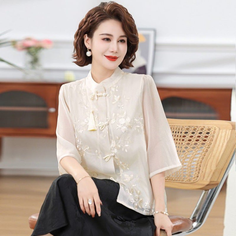 Summer Embroidered Tassel Chiffon Blouse for Moms Apricot