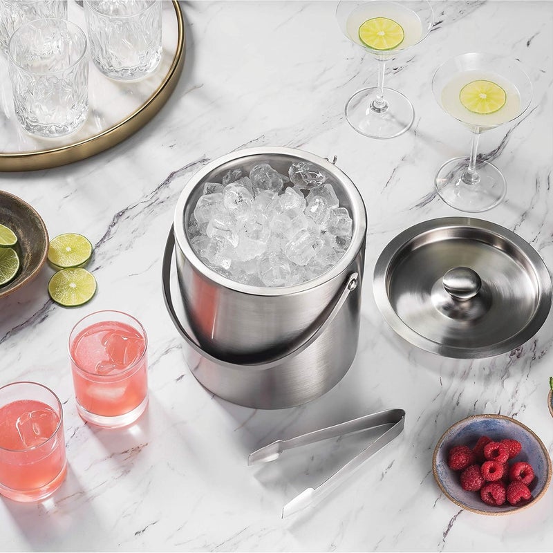 FINEDINE High-Grade Stainless Steel Ice Bucket with Lid and Tongs - 2.8 Litre Premium Double Walled Metal Ice Buckets with Strainer - Easy Carry Handle - Bar Ice Bucket for Ice Cubes, Beer & Champagne Bottles - Image 2