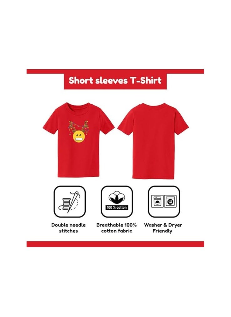 PRINTSHOP4ME - Christmas Emoji Kids Red T-Shirt For Boys–Soft Cotton Round Neck Short Sleeve T-Shirt With Smiley Face Emoji–Great For Parties - Image 1