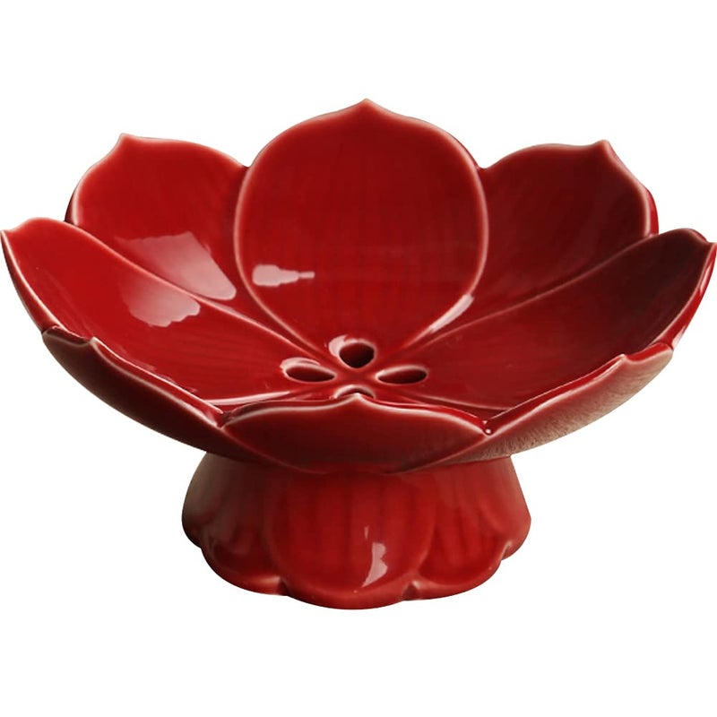 Kelendle Pedestal Fruit Bowl Centerpiece Decorative Compote Footed Bowl Ceramics Dessert Serving Bowl Tray Display Stand Lotus Drain Plate for Kitchen Counters for Fruits Breads Snacks (Red) - Image 1