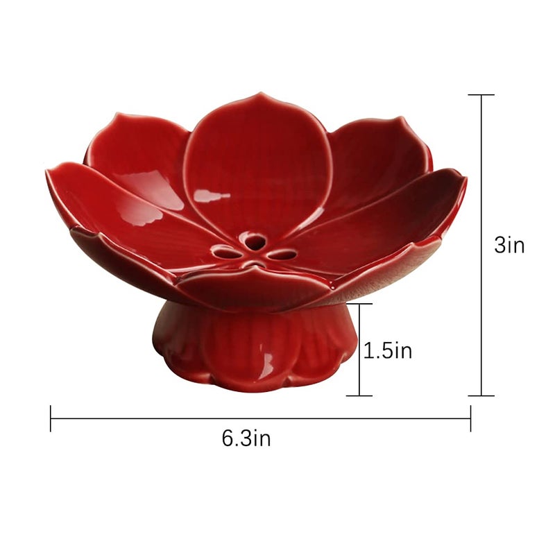 Kelendle Pedestal Fruit Bowl Centerpiece Decorative Compote Footed Bowl Ceramics Dessert Serving Bowl Tray Display Stand Lotus Drain Plate for Kitchen Counters for Fruits Breads Snacks (Red) - Image 2
