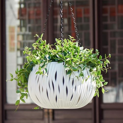 FOX & FERN Unique 2 in 1 Hanging Cum Table Top Planter | Hollow Basket for Plants | Outdoor Self Watering Flower Pot with Hooks Chain | Ceiling Planter | (GAHP3060W) - Image 2